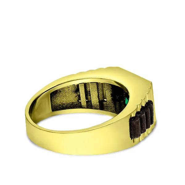 Solid 10k Yellow Gold Mens Ring Green Emerald Gemstone Modern Band Ring for Man