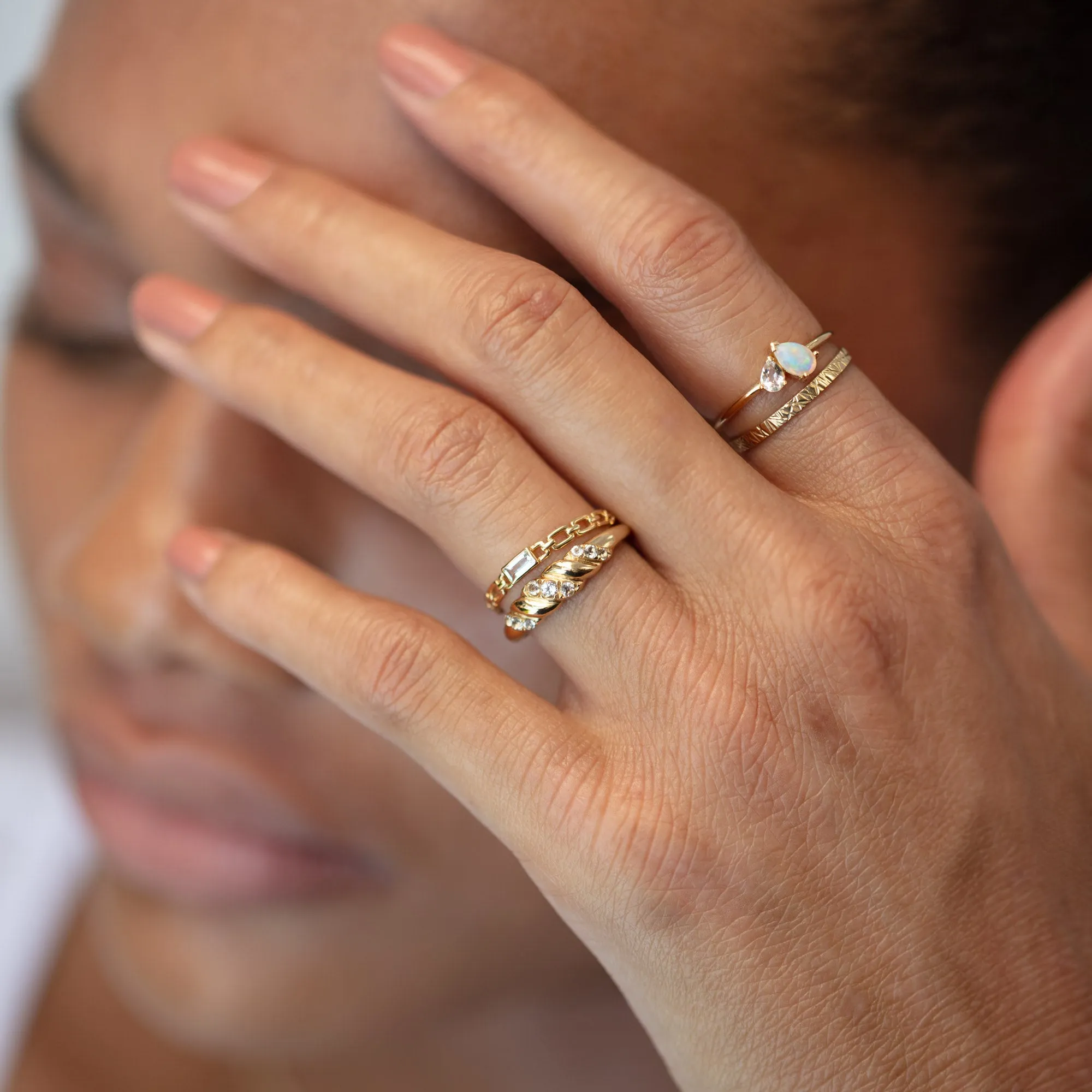 Solid Gold Chain Link White Topaz Baguette Ring