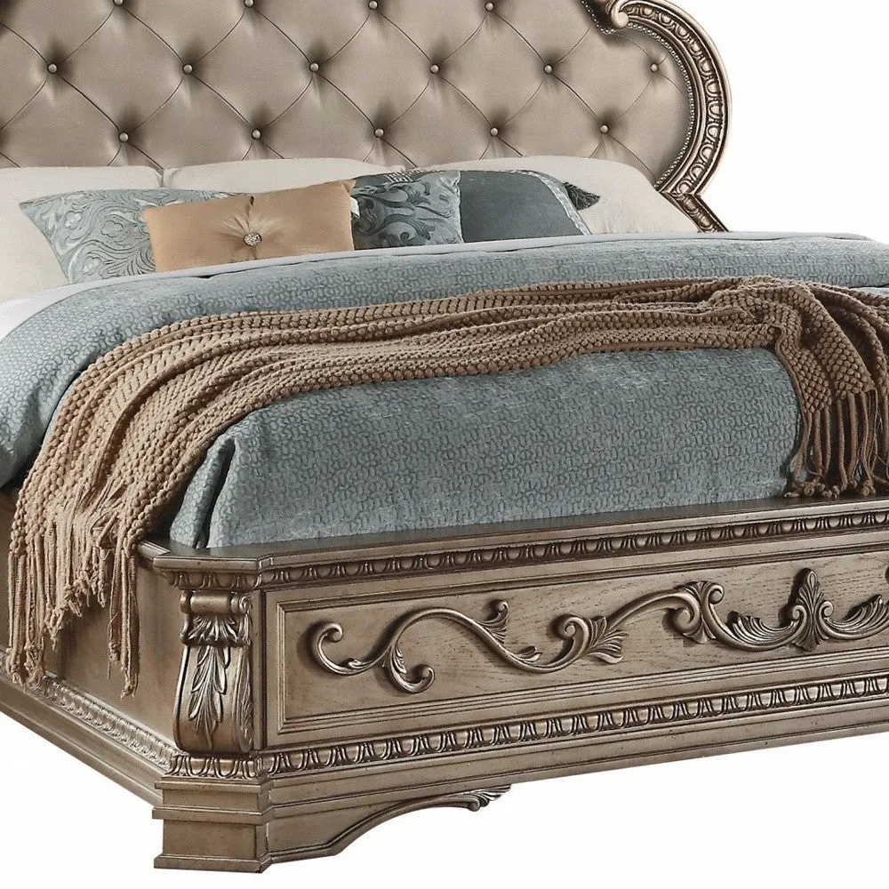 Solid Wood King Tufted Champagne Upholstered Faux Leather Bed With Nailhead Trim