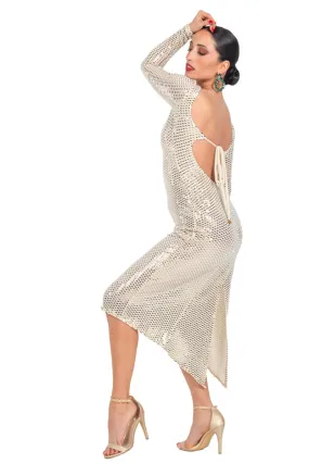 Sparkling Metallic Long Sleeve Dress With Keyhole Tie Back