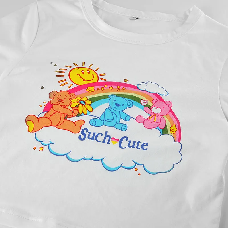 SUCH CUTE RAINBOW BEAR PRINT SHORT TIGHT T-SHIRT BY22354