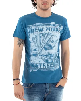 T-Shirt Uomo Mezza Manica Stampa New York Dollari Girocollo Blu GIOSAL-TS2822A