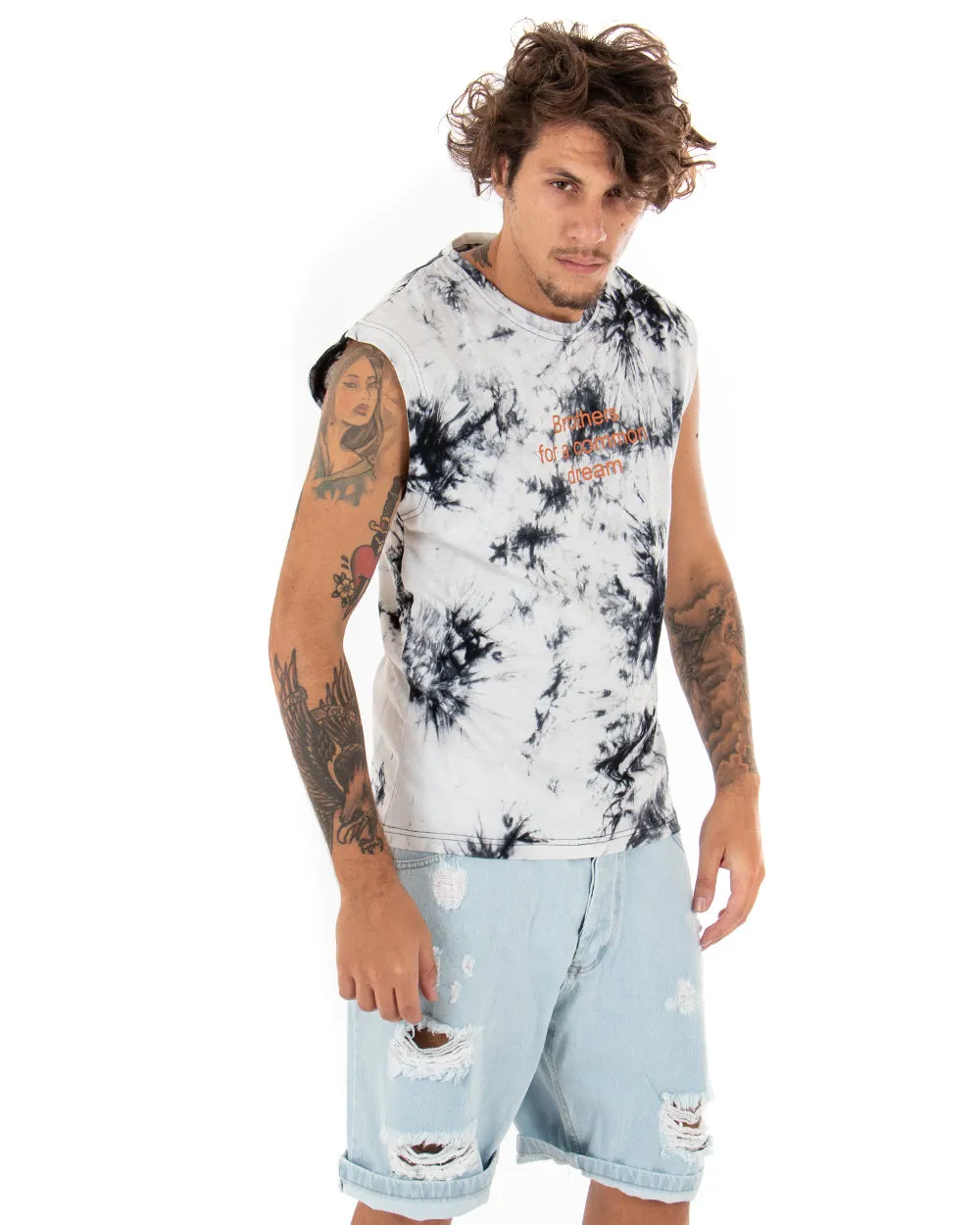 T-shirt Uomo Tie Dye Bianca Giromaniche Casual Girocollo Nera GIOSAL