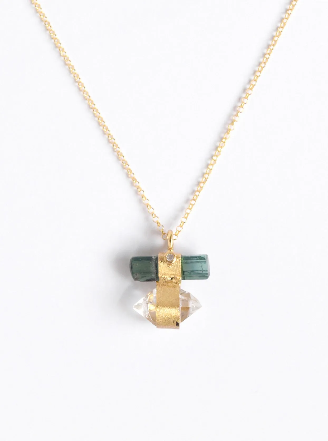 Tourmaline Bar Attached Ponit Herkimer Quartz with Diamond Necklace