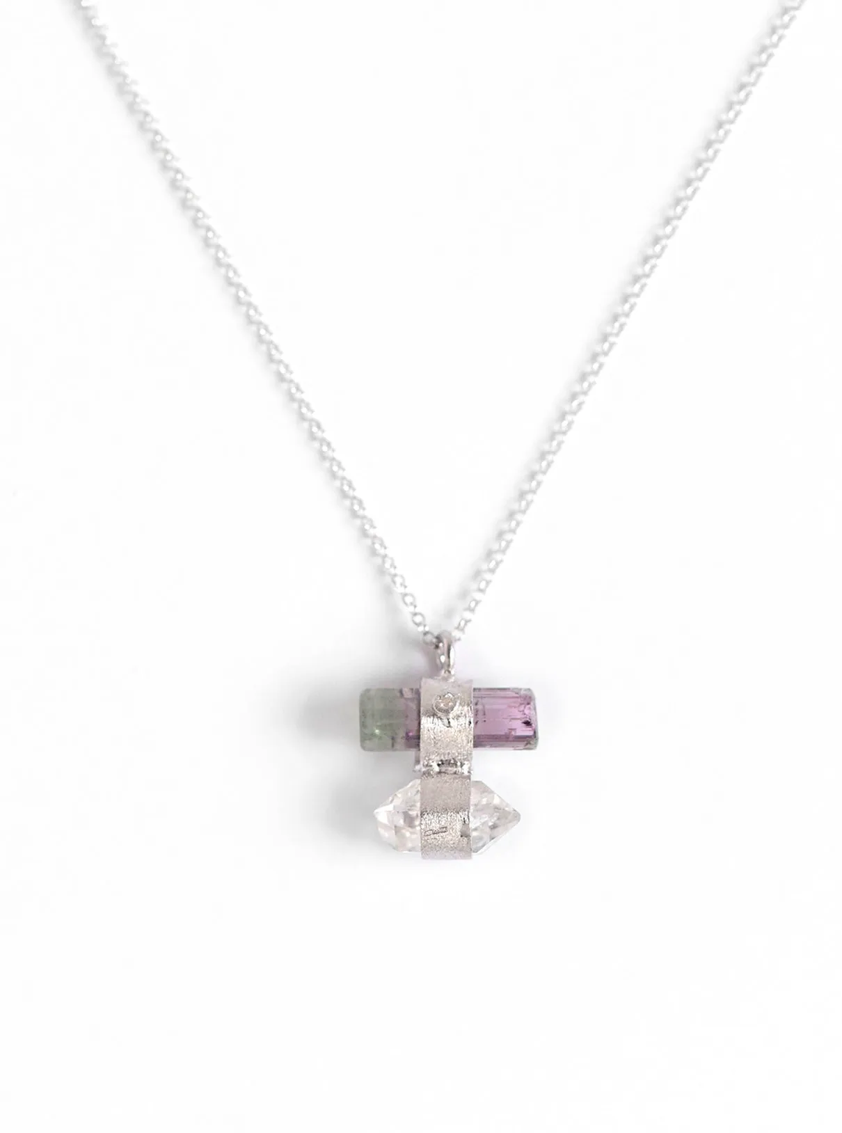 Tourmaline Bar Attached Ponit Herkimer Quartz with Diamond Necklace