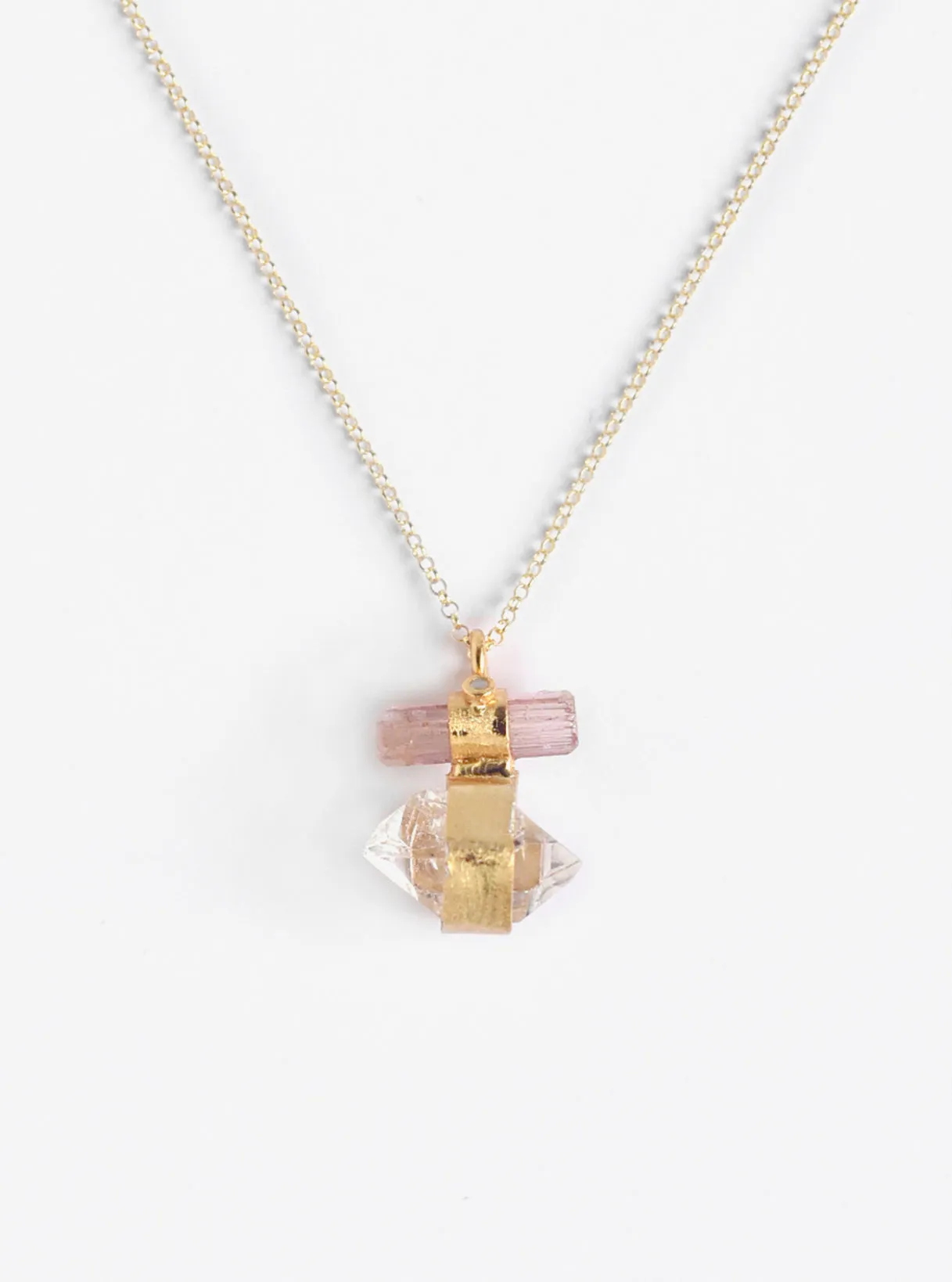 Tourmaline Bar Attached Ponit Herkimer Quartz with Diamond Necklace