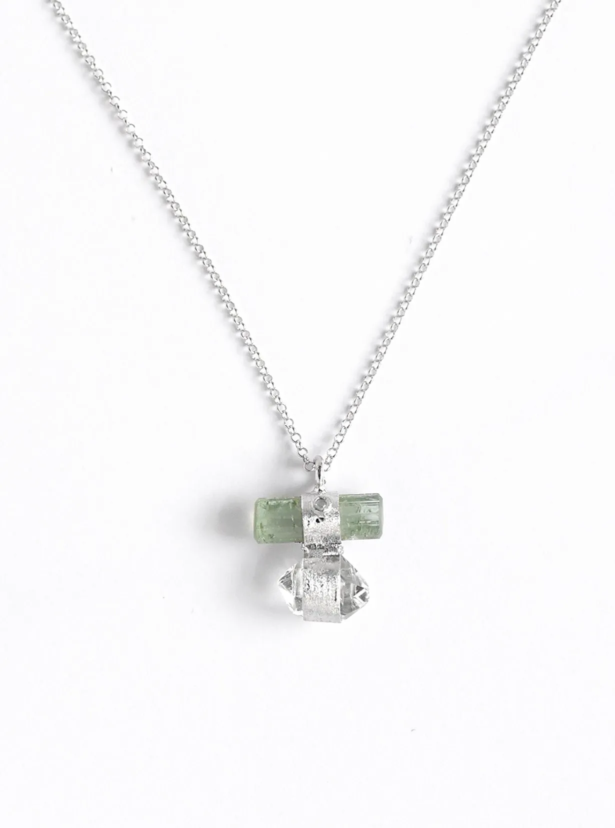 Tourmaline Bar Attached Ponit Herkimer Quartz with Diamond Necklace