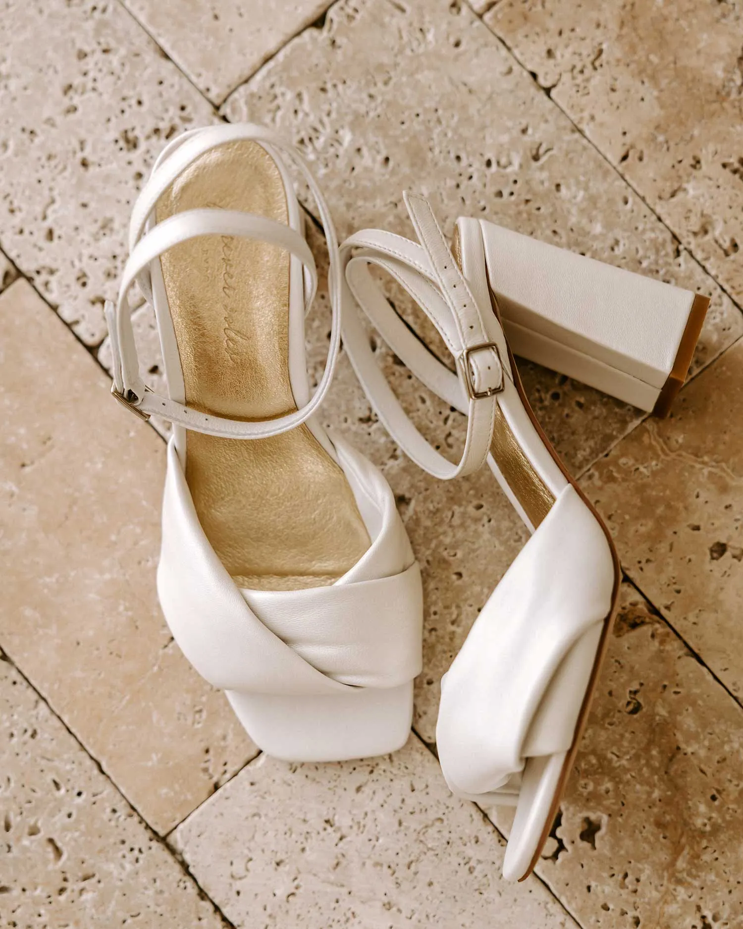 TRUST - SOFT IVORY LEATHER BRIDAL SANDALS BLOCK HEEL - FINAL SALE