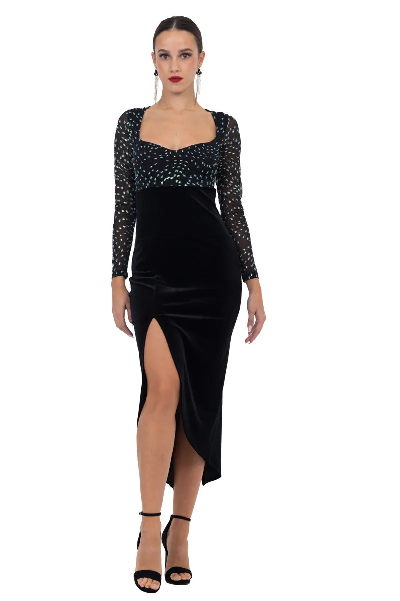 Velvet Dress With Sparkling Mesh & Curved Slit