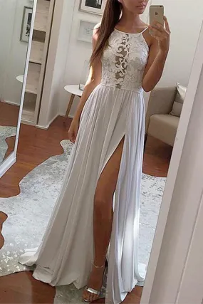 White A Line Sweep Train Halter Sleeveless Side Slit Prom Dresses