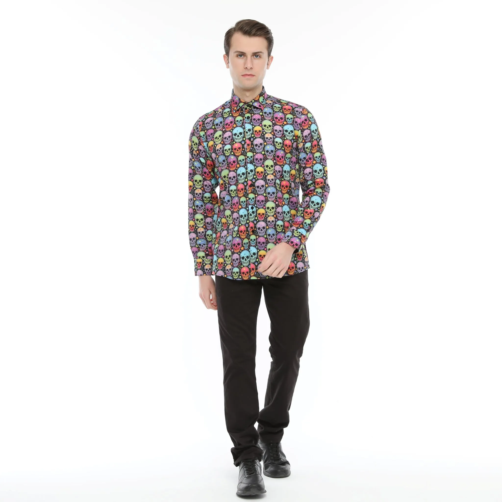 Xact Men's Neon Skulls & Stars Print Long Sleeved Shirt, Regular Fit