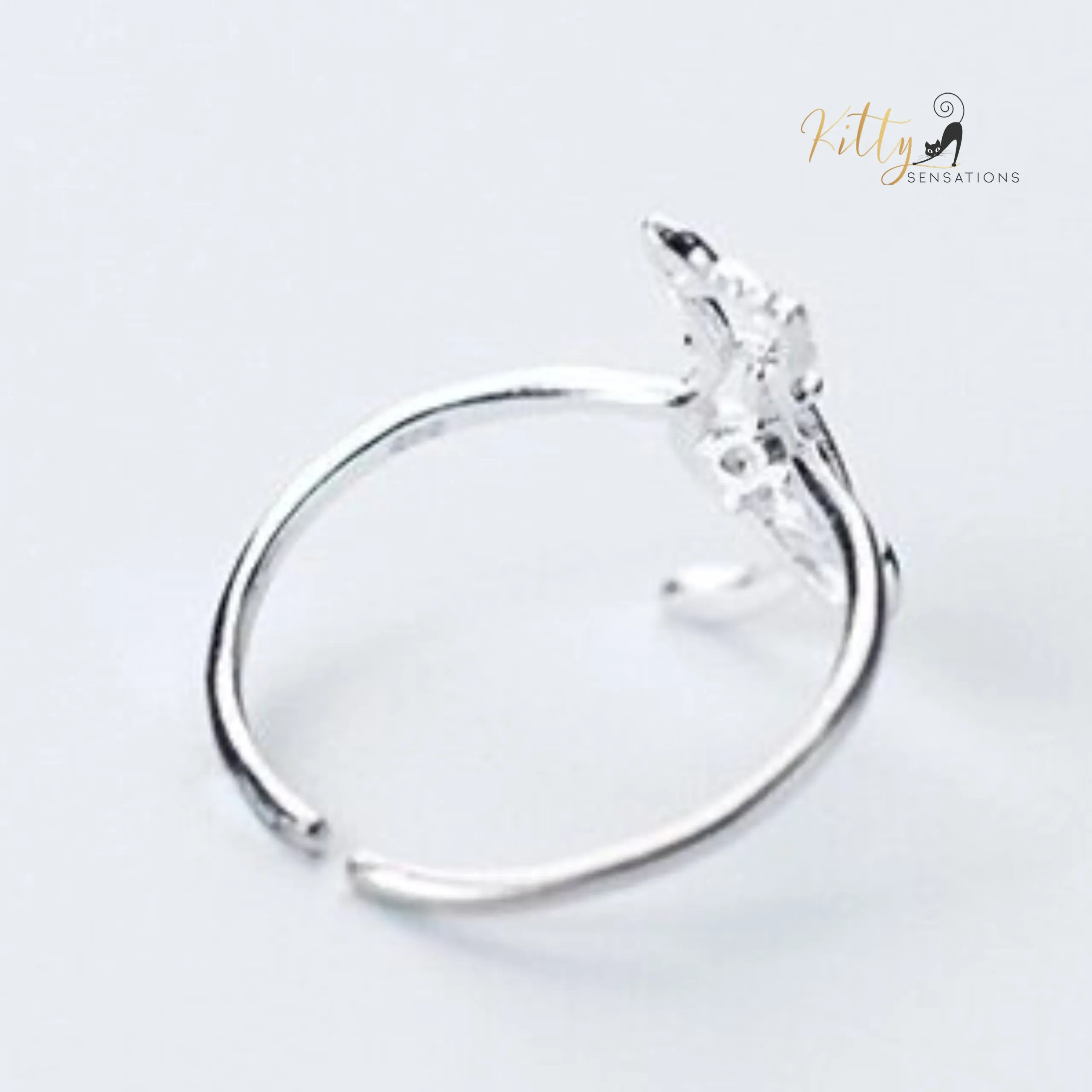 Zircon Heart Cat Ring in Solid 925 Sterling Silver - Adjustable