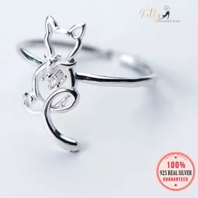 Zircon Heart Cat Ring in Solid 925 Sterling Silver - Adjustable