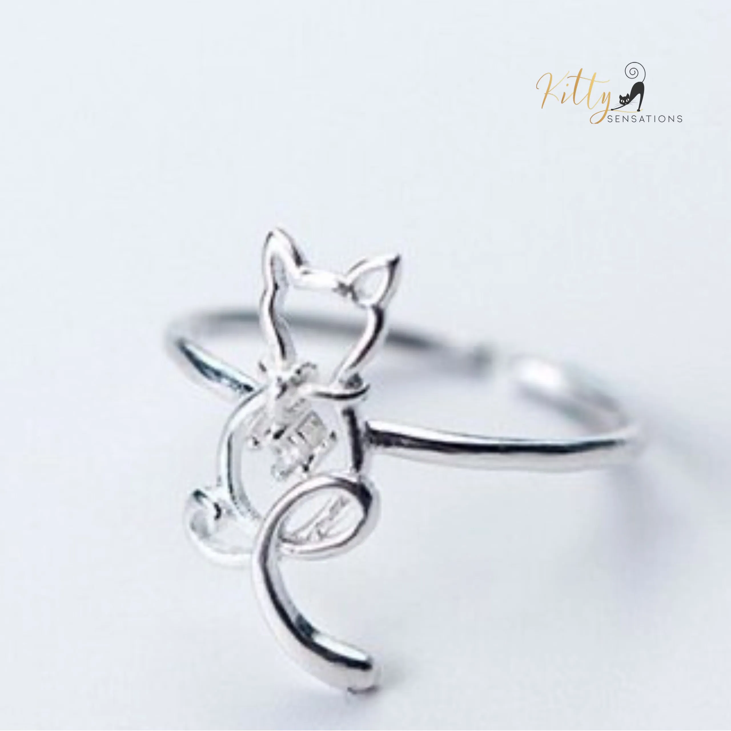 Zircon Heart Cat Ring in Solid 925 Sterling Silver - Adjustable